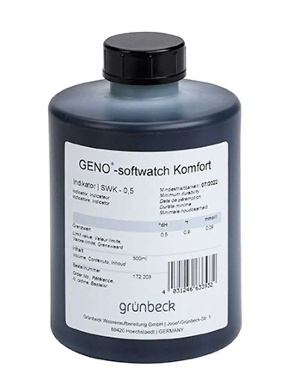 Schwarze Flasche mit grauem Deckel, etikettiert mit Produktinformationen und Barcode, enthält eine Flüssigkeit, hergestellt von Grünbeck zur Wasseranalyse.
